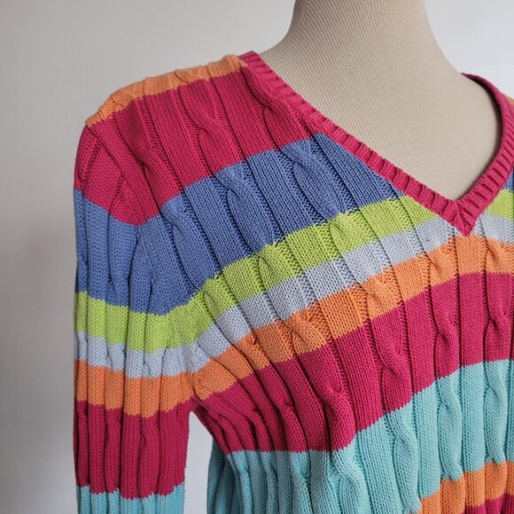Chaps Cable Knit Striped Pastel Rainbow Cotton Sweater (Size: Large) - Picture 8 of 15